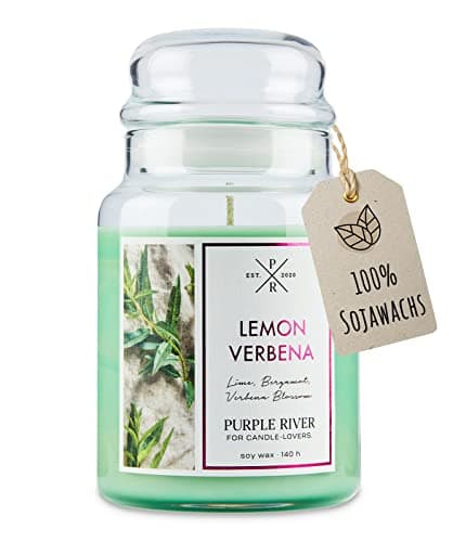 Image of Purple River Large Scented Candle in Glass with Lid Lemon Verbena Scented Candle Lemon Candles Long Burning Time Soy Wax Candle Room Fragrance for Home