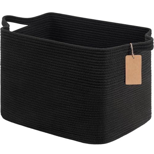 Image of TIMEYARD 50L Woven Storage Baskets for Organizing, Rectangle Blanket Basket with Handles, Nursery Cotton Rope Basket for Living Room, Bedroom, Black, 46 x 36 x 30 cm