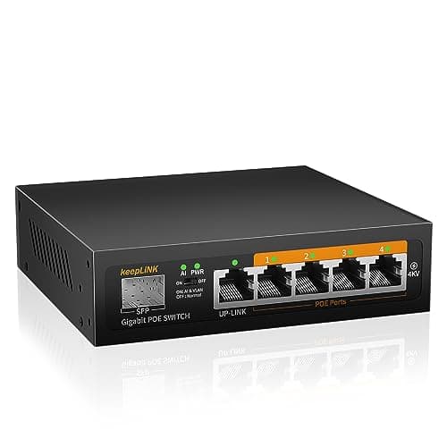 Image of keepLiNK 6 Port Gigabit PoE Switch, 4 PoE+ Ports 1000Mbps, 1 Gigabit Uplink, 1 SFP Slot, 52W 802.3af/at, VLAN Mode, Fanless Metal, Unmanaged Plug and Play AI PoE Switch (5 Port PoE)