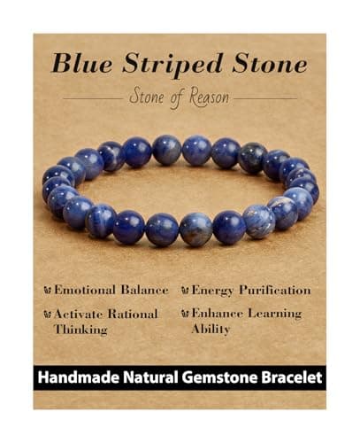 Image of Landorilo Handmade 8mm Natural Crystal Beaded Bracelet with Healing Gemstones for Women Men, Yoga Meditation Energy Bracelets, Valentine's Day, Christmas, Birthday Gift (Blue Striped Stone)