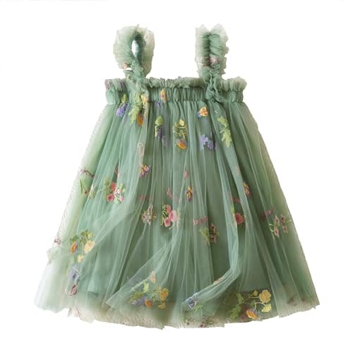 Image of NNJXD Baby Girl Tulle Dress Casual Strap Sleeveless Flower Embroidery Toddler Dresses 2107 Green Size(100) 2-3 Years