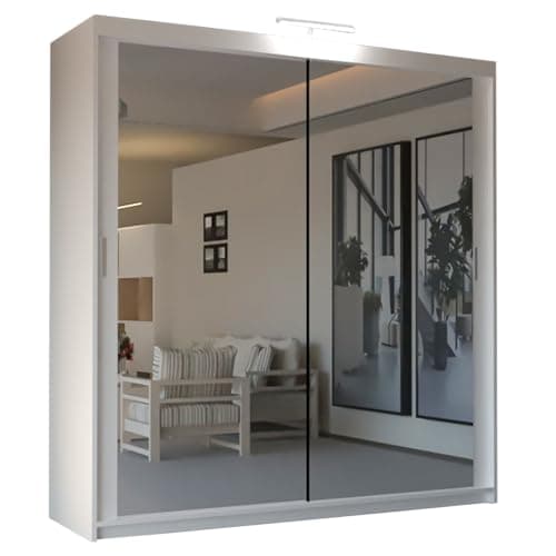 Image of SLIDING WARDROBE 4U Mirror Sliding 2 or 3 Door Wardrobe with LED Light 90cm/120cm/150cm/180cm/203cm/250cm White-Black-Grey-Walnut-Wenge-Oak (White, 150cm)