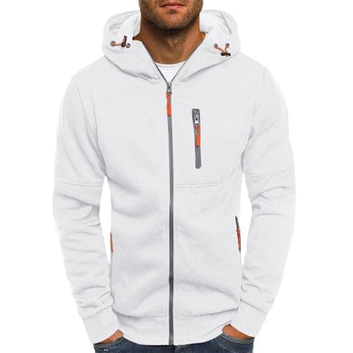 Image of Mens Hoodies Casual Fleece Hooded Sweatshirt Full-Zip Long Sleeve Pullover Hoody Tops White L