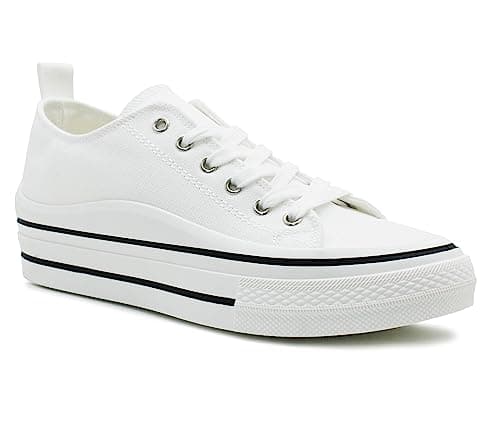 Image of Womens Lace Up Platform Sole Canvas Baseball Sneakers Ladies Chunky Retro Flat Low Top Fashion Trainers Pumps (White, UK Footwear Size System, Adult, Women, Numeric, Medium, 4)