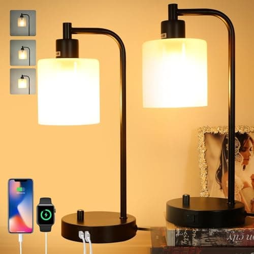 Image of MIAOLIAN Bedside Lamps Set of 2,Dimmable Table Lamps with Eye-Caring Frosted Glass Shade for Bedrooms,USB & AC Outlets Charging Port,Nightstand Industrial LED Desk Lamps for Reading Living Room Office