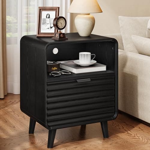 Image of ONBRILL Fluted End Table with Charging Station, Mid Century Curved Bedside Table with Drawer & Open Cubby Storage, Modern Nightstand for Living Room, Bedroom, Entryway, Black(1-Pack)