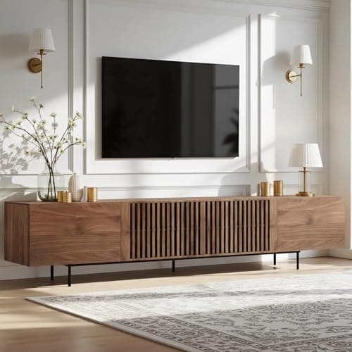 Image of TFFCIC Walnut 240cm Wide TV Stand Unit, Extra Large Fluted Wooden TV Cabinet with Storage, Long Media Unit for Living Room or Bedroom 65 75 85 100 Inch TVs