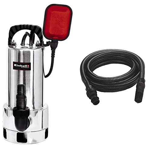 Image of Einhell GC-DP 9035N Clean/Dirty Water Pump | 900W Stainless Steel Submersible Pump, 18,000 L/H & Accessory Kit Black Suction Hose 7 Meters with PVC end Fittings - max. : 35°
