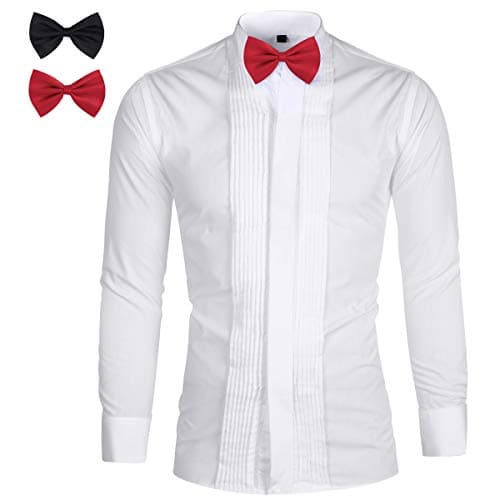 Image of Sliktaa Mens Dress Shirt Evening Wedding Tuxedo Dinner Shirts Pleated Fold Down Collar Shirt Classic Slim Fit, M, White