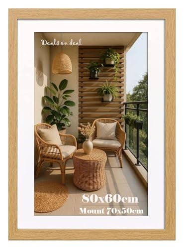 Image of DEALS ON DEAL® Poster Frame Oak 80x60 cm With Mount 50x70 cm | Prints HD Clear Aclyric Front Picture Frames | Portrait Landscape | White Matting 80 x 60cm Picture Poster Frames