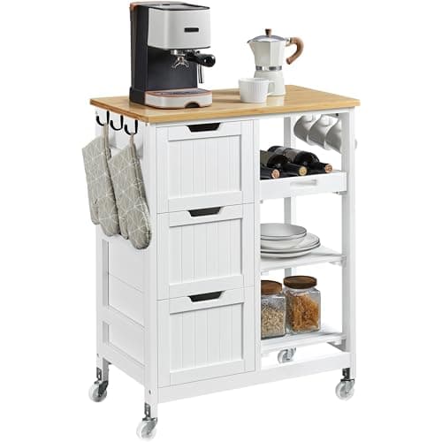 Image of Yaheetech Kitchen Storage Trolley on Wheels, Rolling Kitchen Island Cart with 3 Drawers and 3 Shelves, Mobile Storage Sevring Trolley Cart for Dining Room, Bathroom, Laundry, Living Room, White