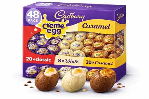 Image of Cadbury Creme Egg Selection Gift Pack 48 x 40g, 8 White Chocolate, 20 Caramel & 20 Classic, Easter Egg Hunt Perfect For Easter Egg Hunt School Offices Bulk