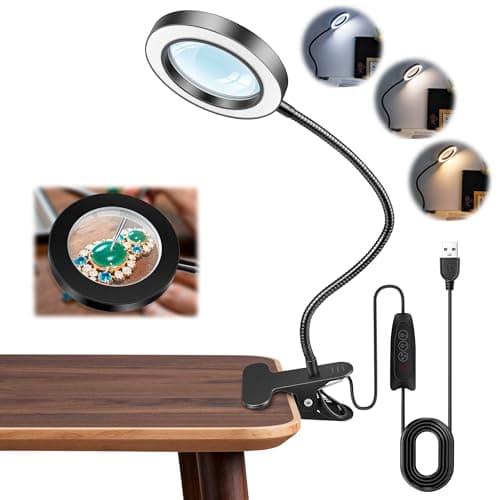 Image of Akynite 10X Magnifying Glass with Light and Clip, 3 Colours 10 Brightness, LED Magnifier Lamp Flexible for Crafts Knitting Sewing Modelling, USB Magnifying Reading Light for Elderly, Black