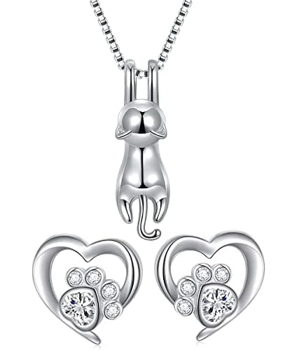 Image of Womens 925 sterling silver 3D cute cat Lover Matte surface/smooth pendant necklace (Earrings+Necklace Set)