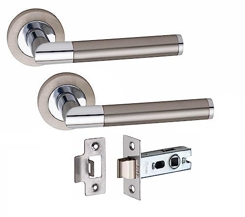 Image of Golden Grace Mitred Design Door Handles on Round Rose in Satin Nickel Polished Chrome Finish with 2.5" Tubular Latch, 1 Pair - 52mm Diameter