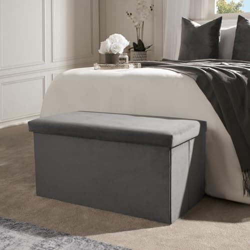 Image of OHS Large Ottoman Storage Box, Matte Velvet Foldable Storage Ottoman Bench with Lid Footrest Stool End of Bed Bench Blanket Box Easy Assembly Sturdy Ottomans for Living Room Bedroom, Charcoal Grey