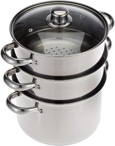 Image of KitchenCraft 3 Food Steamer Pan/Stock Pot, Food Steamer 3 tier, Induction Safe, Stainless Steel, in Gift Box, 22 cm (9''), Silver