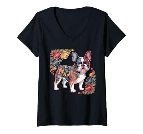 Image of Women's French Bulldog Dog Floral Vintage Flowers French Bulldog V-Neck T-Shirt