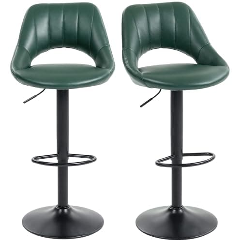 Image of HOMCOM Bar Stools Set of 2, Swivel Barstools with Adjustable Height, Hollow Back and Footrest, Modern PU Leather Upholstered Breakfast Bar Chairs for Kitchen Island, Counter, Dining Room, Dark Green