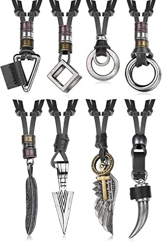 Image of Diamday 8 Pcs Leather Necklace for Men Women Vintage Pendant Leather Cord Necklaces Black Brown Feather Arrowhead Wolf Tooth Wing Double Ring Sweater Chain Statement Mens Necklace Adjustable 2