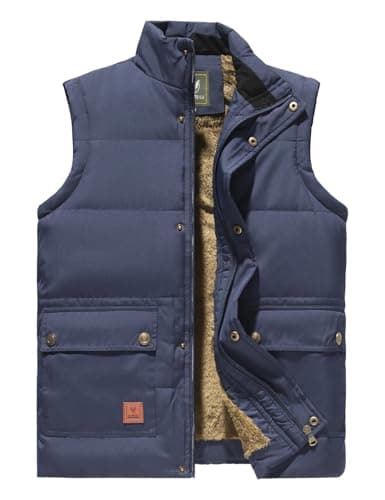Image of Sukany Men's Casual Warm Vest Winter Outdoor Work Waistcoat Thick Fleece Lined Sleeveless Jacket Stand Collar Padded Puffer Thermal Outerwear Blue XL