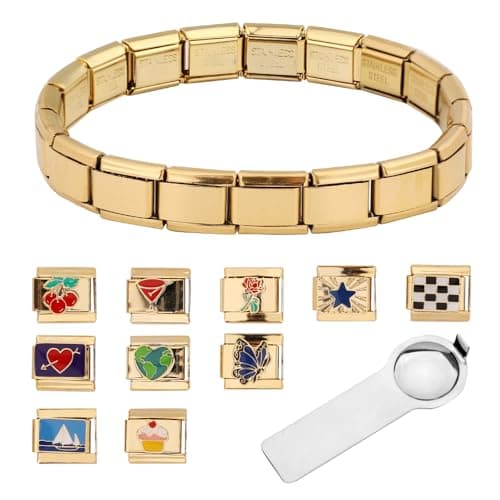 Image of Italian Charm Bracelet, Gold Bracelet with Opening Tool and 10 Pack Detachable Charms Stainless Steel Italian Charm Bracelet Fits All Classic Links Bracelet for Women Jewelry Gifts