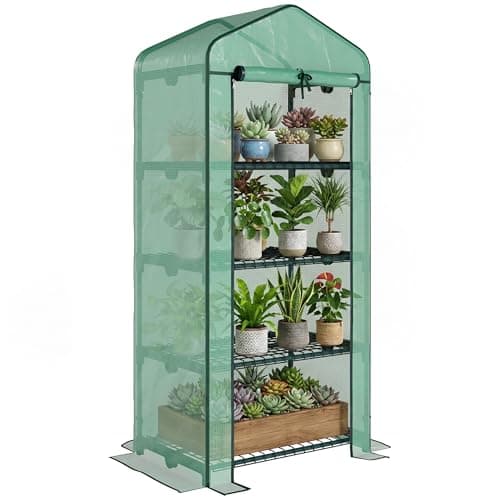 Image of Outsunny 4 Tier Mini Greenhouse, Portable Compact Green House with Steel Frame, PE Cover, Roll-up Door, 70 x 50 x 160 cm, Green