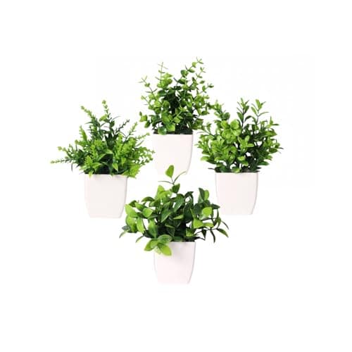 Image of CSGHMM 4 PCS Mini Artificial Plants with Pot,Artificial Plants Indoor Decorative,Small Fake Simulation Plants Faux Plastic Potted Plants for Home Bathroom Office Desk Decor(White)