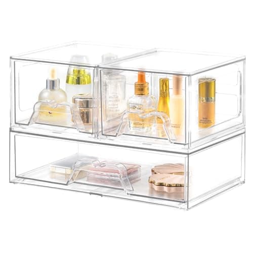 Image of Stebopum 3 Pack Plastic Stackable Storage Drawers Clear Drawer Organiser Acrylic Makeup Organiser,Ideal for Bathroom Storage Box,Vanity, Kitchen Organisation,Cabinet,Pantry