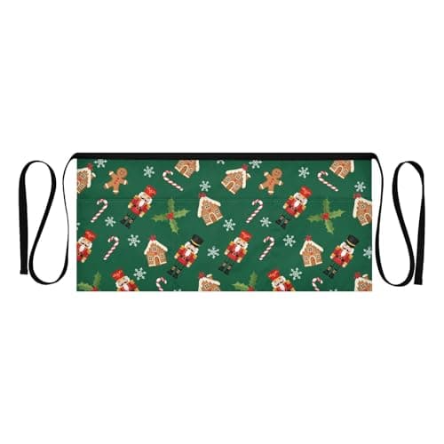 Image of Emelivor Christmas Nutcracker Gingerbread Green Pattern Server Aprons with 3 Pockets Half Apron for Grilling 11.8 Inch
