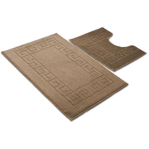 Image of Ambience Products Greek Key Pattern Bath Mats 2 Piece Sets Non Slip Bathroom Mat, Soft Washable Rug Quick Dry Water Absorbent Bathroom Shower Mat & Pedestal Set (Mocha)