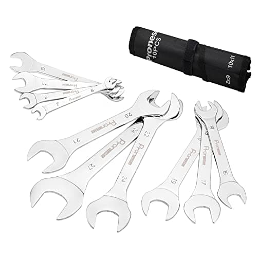 Image of Pronese 10 Pack Super-Thin Open End Wrench Set,Carbon Steel with Mirror Polish,Metric,Including 6~27mm, Placed in A Rolling Pouch