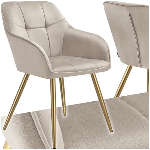 Image of tectake® Dining Chair with Velvet-Look Cover & Quilted Pattern, Armchair with Continuous Backrest, Gold Steel Legs & Soft Padding, Ideal as Dining Room, Kitchen, Bedroom & Desk Chair - Taupe/Gold