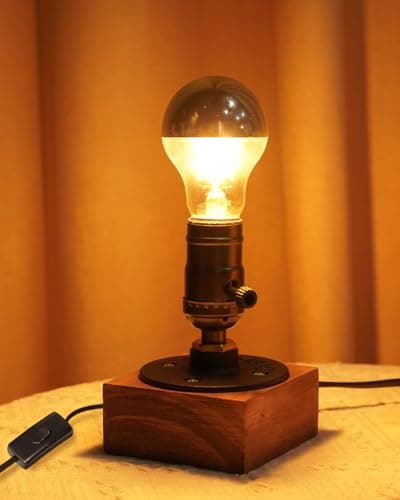 Image of Lamptobe Vintage Industrial Table Lamp Base with LED Bulb, Wooden E27 Table Desk Light, Retro Rustic Steampunk Bedside Lamp with UK Plug for Living Room, Bedroom, Cafe Bar Office