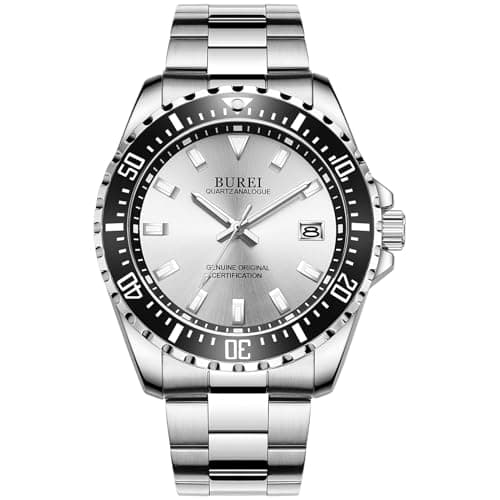 Image of BUREI Men's Watch Silver Stainless Steel Analogue Quartz Classic Business Large Dial Men's Date Gifts Watch for Men(slive)