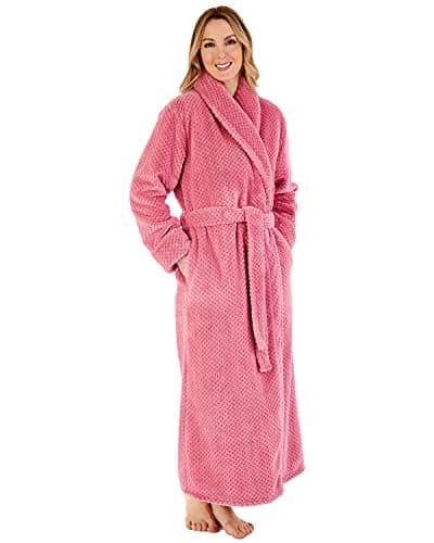 Image of Slenderella Ladies Shawl Collar Wrap Dressing Gown Waffle Fleece Long Bath Robe Large (Pink)