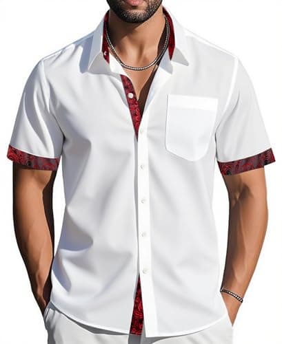 Image of Barry.Wang Men's Short Sleeve Dress White Red Shirts Button Down Formal Business Casual No Tuck Shirt Regular Summer Work Wedding Party Yacht