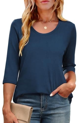 Image of Crewhpo Womens 3/4 Sleeve Tops Round Neck Basic T-Shirt Summer Casual Tee Blouse Loose Fit Solid Colour Lightweight T Shirts