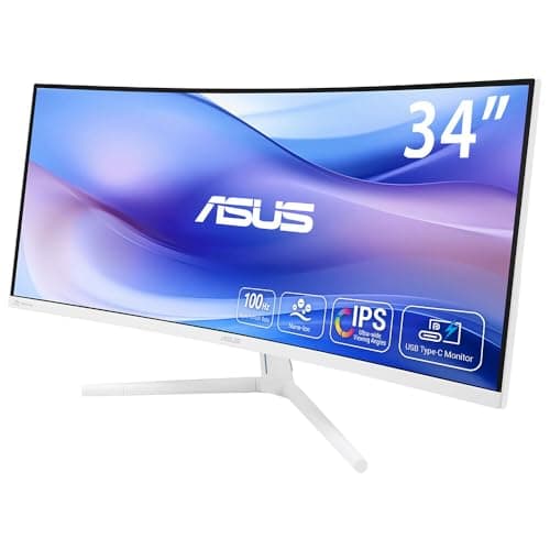 Image of ASUS VU34WCIP-W Eye Care, 34-inch Curved Monitor, Wide Quad HD VA (3440 x 1440), 1ms (MPRT), 100Hz, HDMI, USB-C and DisplayPort, SmoothMotion, Eye Care Plus Technology, Built-in Speaker,