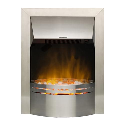 Image of Dimplex Dakota Optiflame Inset Electric Fire, Modern Brushed Stainless Steel Electric Flame Effect Fire, White Pebble Fuel Bed, 2kW Fan Heater and 1000/2000 Watt Settings, Inset (Recess) Depth 7cm