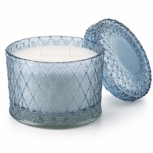 Image of Sea Salt Scented Candle, Embossed Blue Glass Jar with Lid, Double Wick, 20 Hour Burn - Luxury Coastal Fragrance Gift