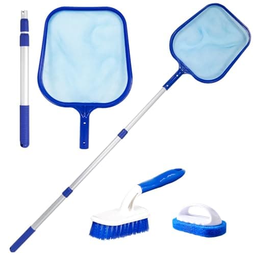 Image of Satar Refes Hot Tub Cleaning Kit, Pool Skimmer Leaf Net Fine Mesh Net with Telescopic Pole, Scrubbing Brush, Pad Brush for Garden Pond Fountain Hot Tub Spa Fish Tank Cleaning