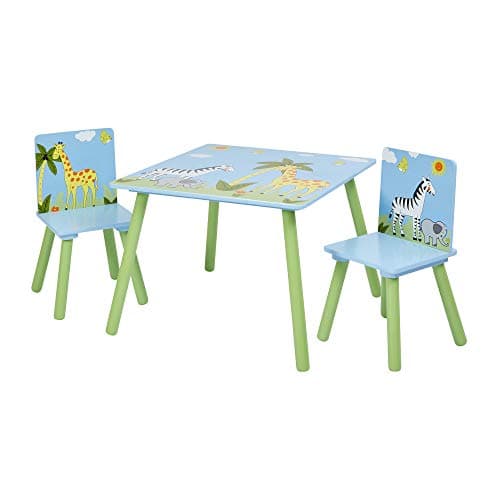 Image of Liberty House Toys Wooden Safari Table and Two Chair Set, Engineered Wood, Blue, 40cm H W x 60cm D