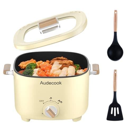 Image of Audecook Electric Hot Pot, 2.5L Cermic Glaze Non-Stick Frying Pan, Portable Travel Multicooker for Ramen, Steak, Egg, Fried Rice, Oatmeal, Soup, 350W/800W (Beige)
