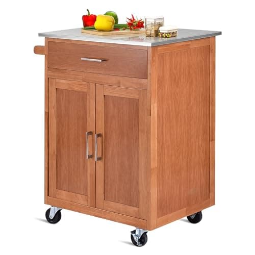 Image of TANGZON Kitchen Storage Trolley on Wheels, Rubber Wood Rolling Kitchen Island with Cabinet, Stainless Steel Worktop, Drawer, Adjustable Shelf & Towel Rack, Dining Room Utility Serving Trolley Cart