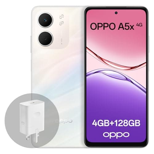 Image of OPPO A5x 4G 4GB RAM + 128GB ROM, Unlocked Smartphone with AI, 6.67" 90 Hz display, 32MP AF Camera, 6000 mAh battery, IP65 Water and Resistance, Laser White (Include 45W SUPERVOOC Charger)