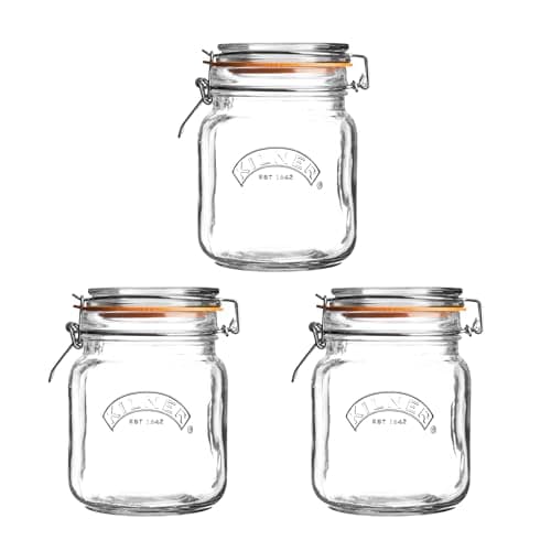 Image of Kilner Square Clip Top Jar Set of 3, 1 Litre (1000ml) Airtight Glass Jars for Storing Coffee Beans Pickling Vegetables Chutneys Pasta Nuts BPA-Free Dishwasher Safe