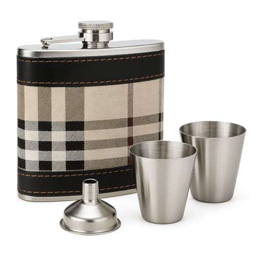 Image of Premium Tartan Hip Flask Gift Set with Funnel & 2 Shot Cups – Stainless Steel Pocket Flask for Men – Portable and Stylish Accessory for Travel, Outdoors, Birthdays & Celebrations JR1372 Brown