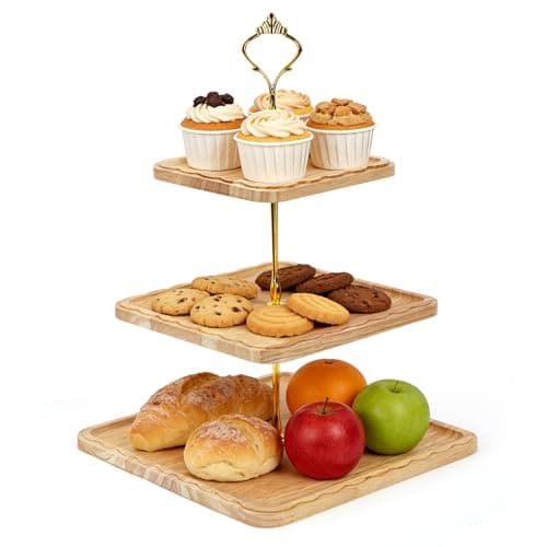 Image of 3 Tier Cake Stand, Wooden Afternoon Tea Stands Tiered Cupcake Stand for Dessert Display Wedding Birthday Party Baby Shower (Square, 3 Tier Cupcake Stand)