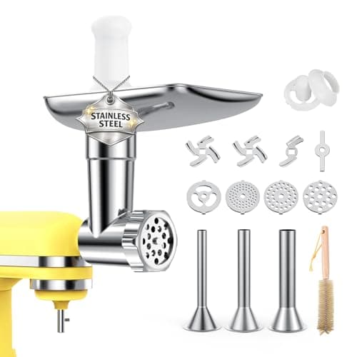 Image of Meat Grinder Attachment Stainless Steel for KitchenAid Stand Mixer – Food Grinder Attachments with 4 Grinding Plates, 3 Sausage Stuffer Tubes, 2 Grinding Blades – Dishwasher Safe – By MMOBIEL